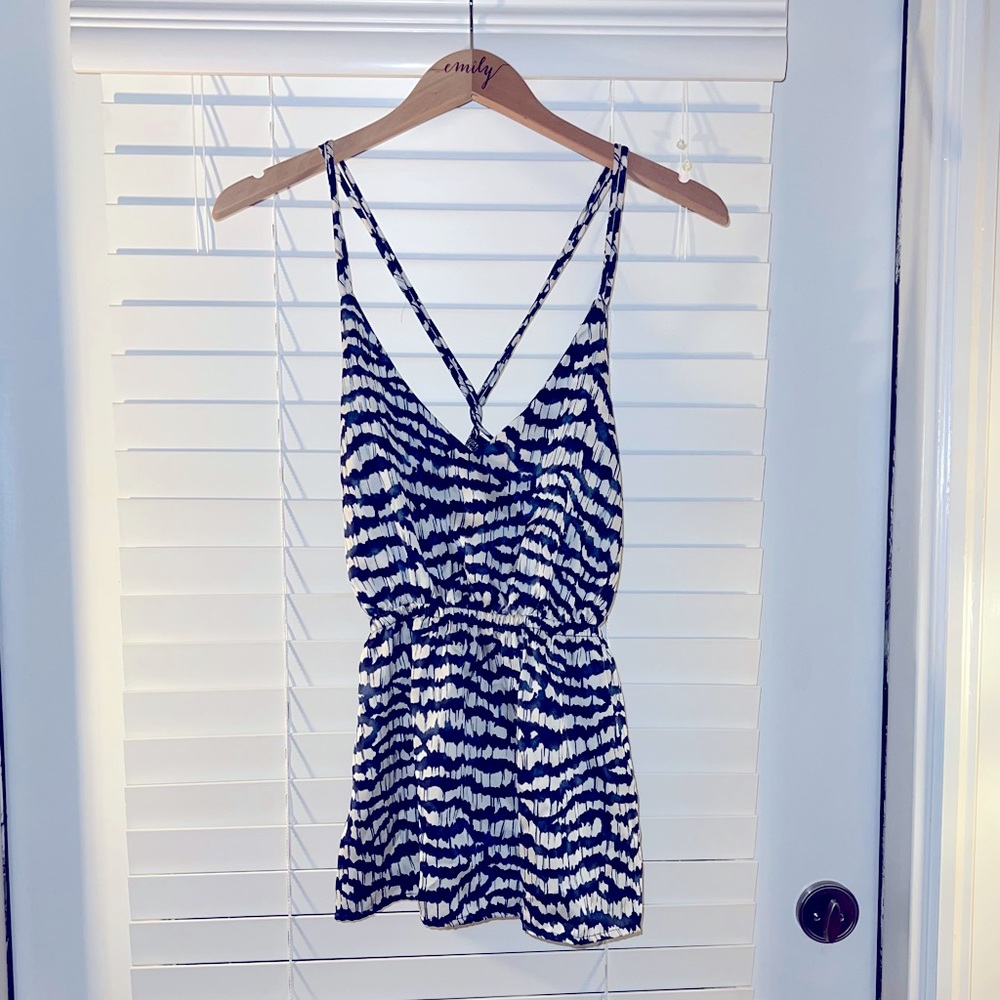 Blue and white tank top with detailed straps and elastic waist